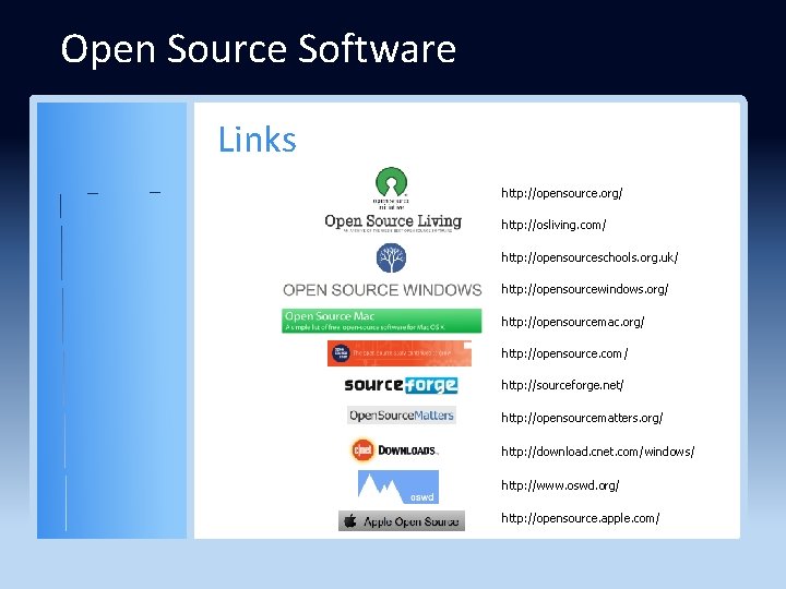 Open Source Software Links http: //opensource. org/ http: //osliving. com/ http: //opensourceschools. org. uk/