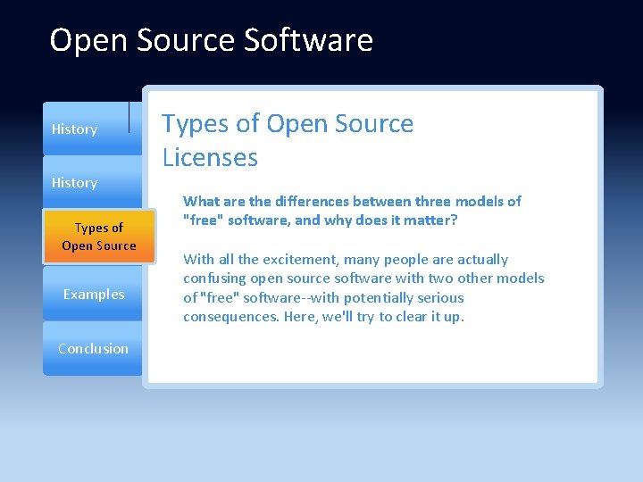 Open Source Software History Types&of OSS Open User. Source Ed. Examples Conclusion Types of