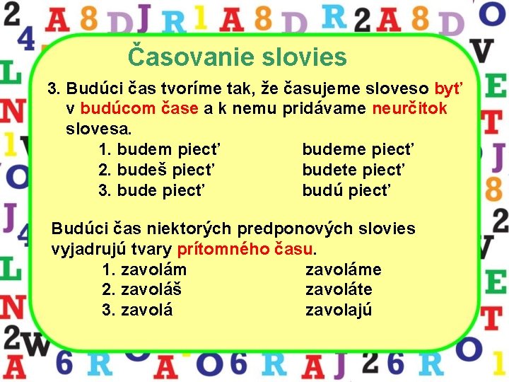 Časovanie slovies 3. Budúci čas tvoríme tak, že časujeme sloveso byť v budúcom čase