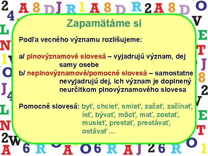 Zapamätáme si Podľa vecného významu rozlišujeme: a/ plnovýznamové slovesá – vyjadrujú význam, dej samy