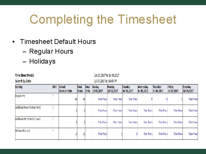 Completing the Timesheet • Timesheet Default Hours – Regular Hours – Holidays 