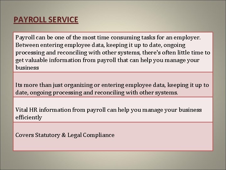 PAYROLL SERVICE Payroll can be one of the most time consuming tasks for an