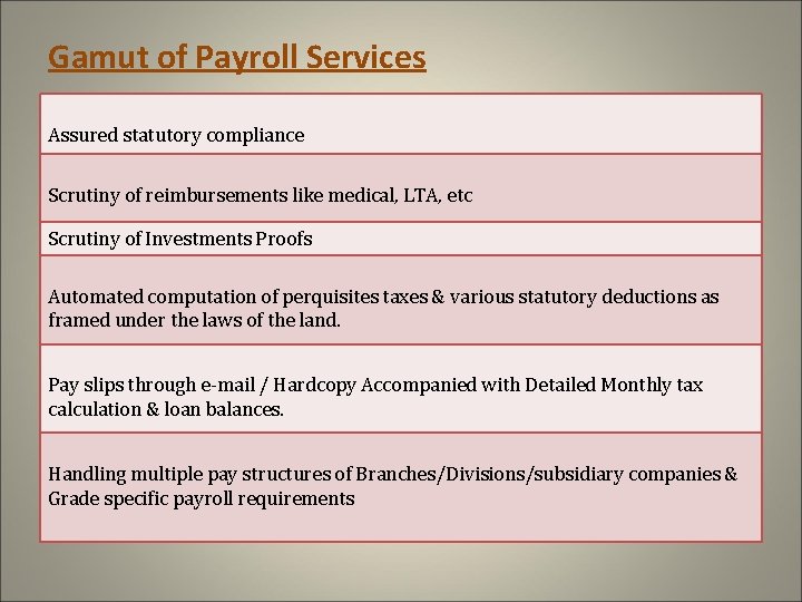 Gamut of Payroll Services Assured statutory compliance Scrutiny of reimbursements like medical, LTA, etc