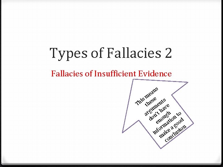 Types of Fallacies 2 Fallacies of Insufficient Evidence ns a e m is ese