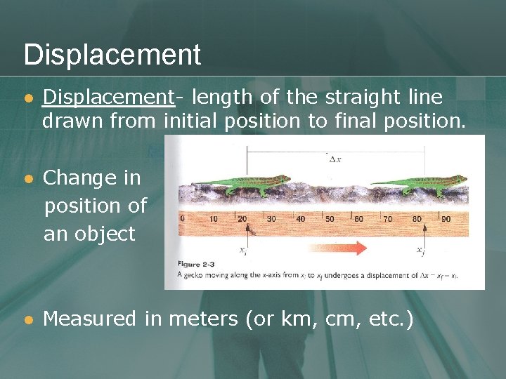 Displacement l Displacement- length of the straight line drawn from initial position to final