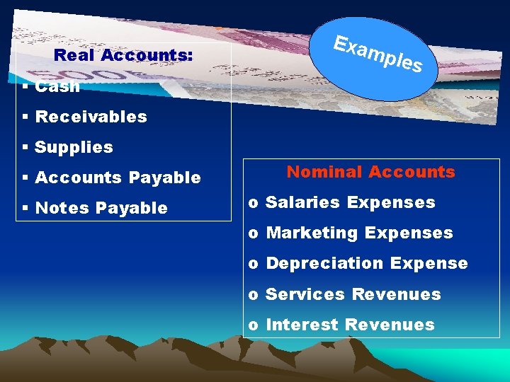 Real Accounts: § Cash Exam ples § Receivables § Supplies § Accounts Payable §