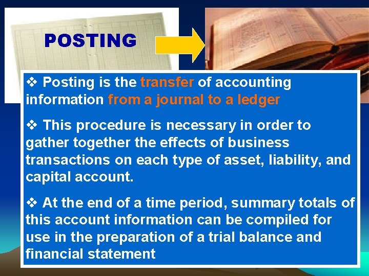 POSTING v Posting is the transfer of accounting information from a journal to a