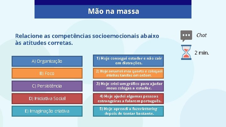 Mão na massa Relacione as competências socioemocionais abaixo às atitudes corretas. A) Organização 1)