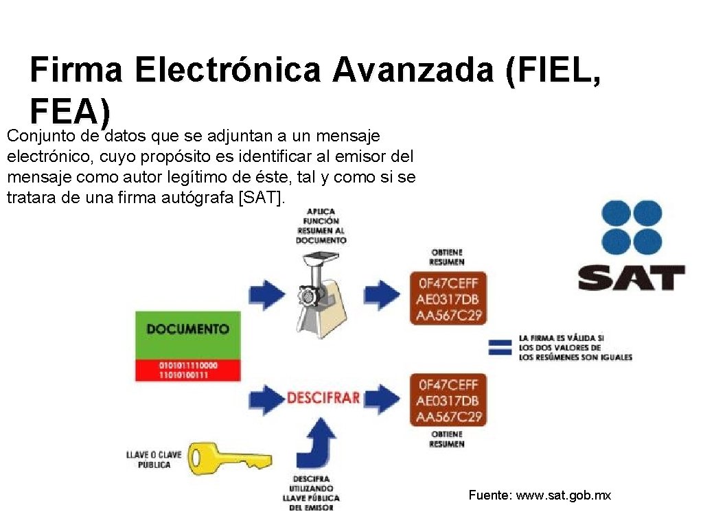 Firma Electrónica Avanzada (FIEL, FEA) Conjunto de datos que se adjuntan a un mensaje