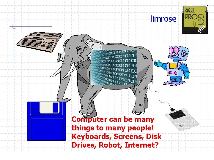 limrose Computer can be many things to many people! Keyboards, Screens, Disk Drives, Robot,