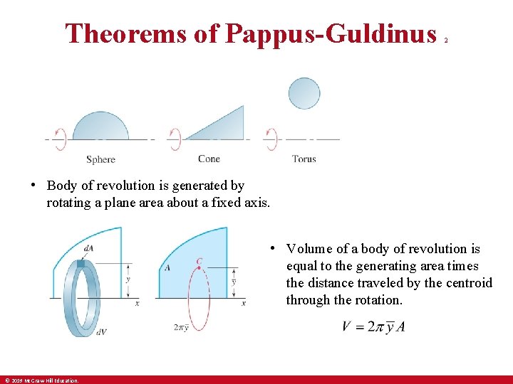 Theorems of Pappus-Guldinus 2 • Body of revolution is generated by rotating a plane