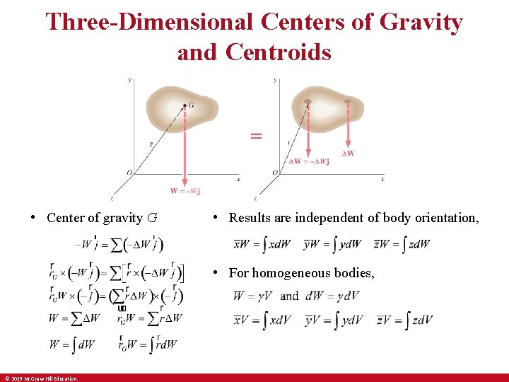 Three-Dimensional Centers of Gravity and Centroids • Center of gravity G • Results are