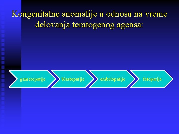 Kongenitalne anomalije u odnosu na vreme delovanja teratogenog agensa: gametopatije blastopatije embriopatije fetopatije 