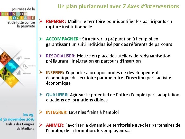 Un plan pluriannuel avec 7 Axes d’interventions Ø REPERER : Mailler le territoire pour