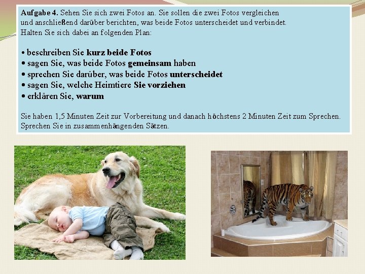 Aufgabe 4. Sehen Sie sich zwei Fotos an. Sie sollen die zwei Fotos vergleichen