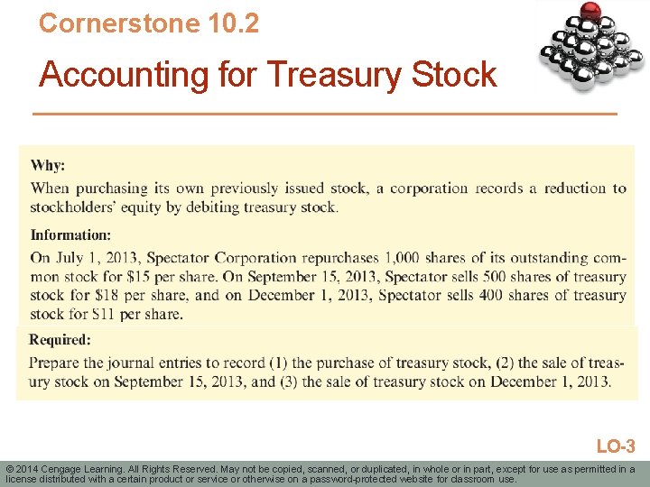 Cornerstone 10. 2 Accounting for Treasury Stock LO-3 © 2014 Cengage Learning. All Rights