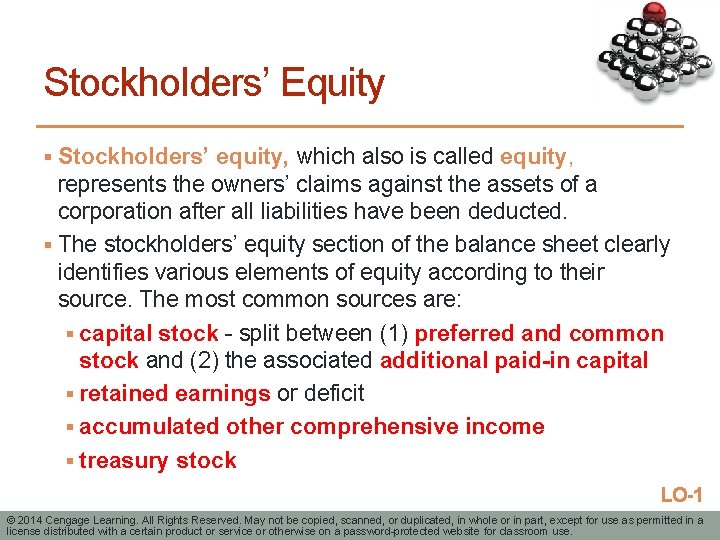 Stockholders’ Equity § Stockholders’ equity, which also is called equity, represents the owners’ claims