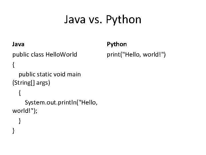 Java vs. Python Java Python public class Hello. World { public static void main