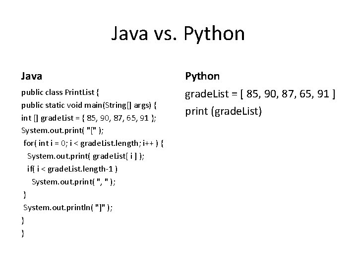 Java vs. Python Java Python public class Print. List { public static void main(String[]