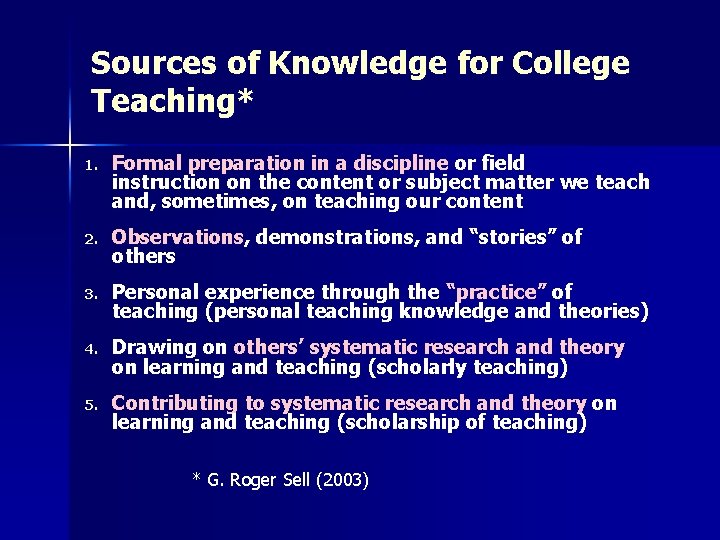 Sources of Knowledge for College Teaching* 1. Formal preparation in a discipline or field Sources of Knowledge for College Teaching* 1. Formal preparation in a discipline or field
