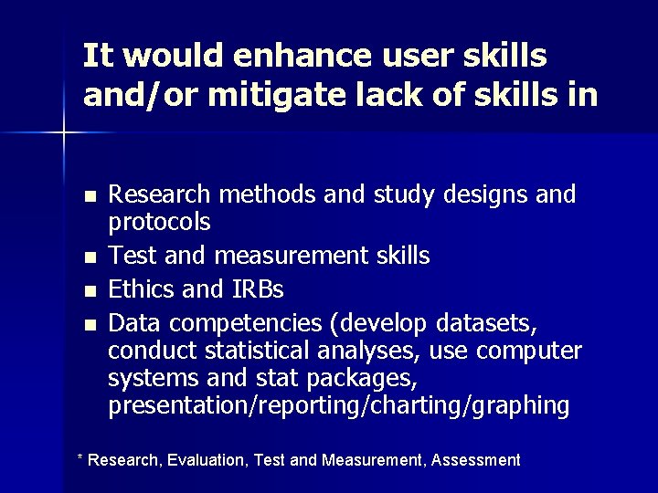 It would enhance user skills and/or mitigate lack of skills in n n Research It would enhance user skills and/or mitigate lack of skills in n n Research
