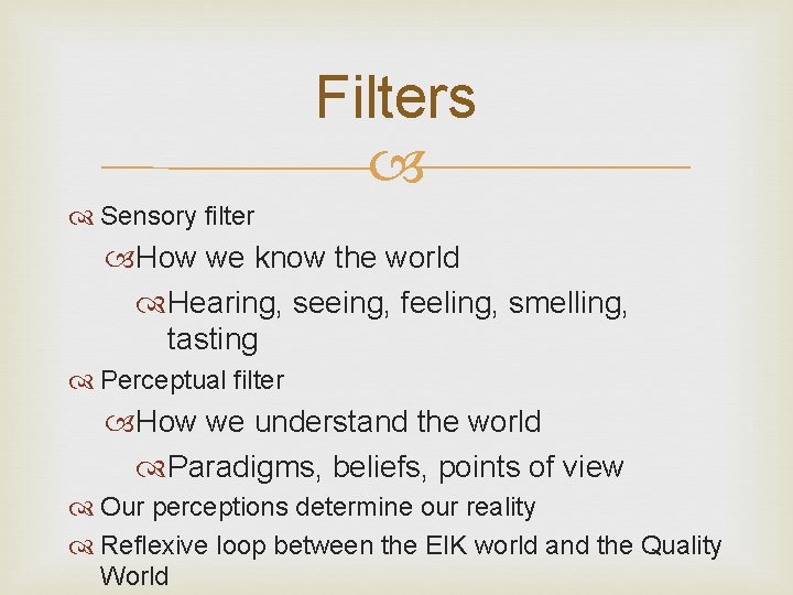 Filters Sensory filter How we know the world Hearing, seeing, feeling, smelling, tasting Perceptual