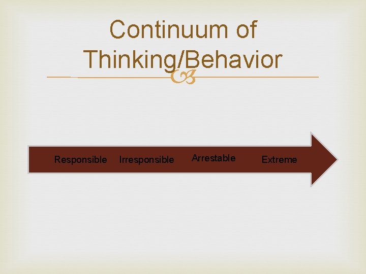 Continuum of Thinking/Behavior Responsible Irresponsible Arrestable Extreme 