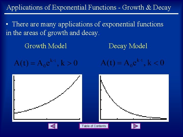 Applications of Exponential Functions - Growth & Decay • There are many applications of