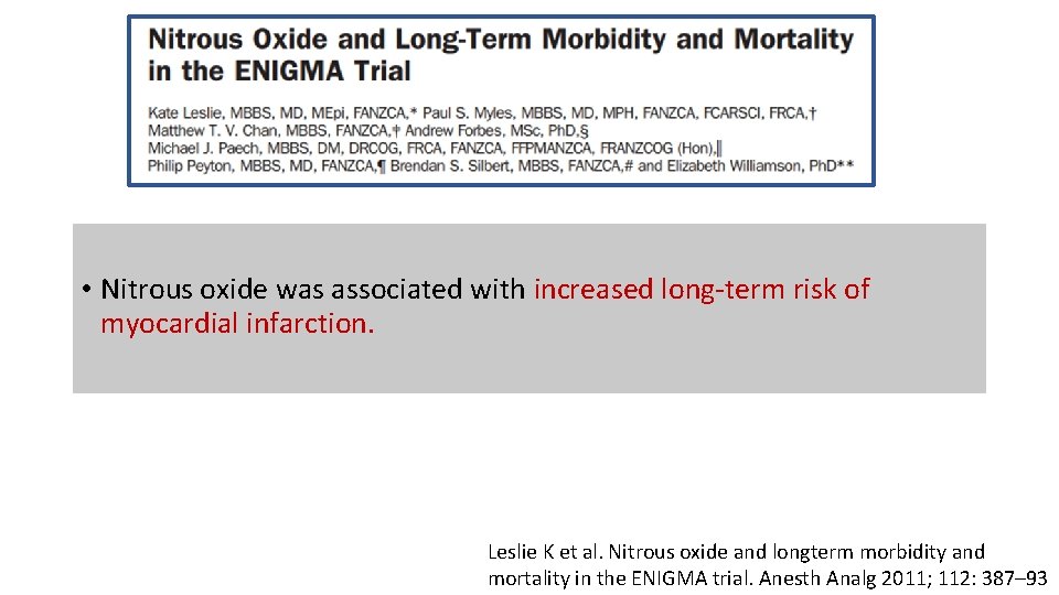  • Nitrous oxide was associated with increased long-term risk of myocardial infarction. Leslie