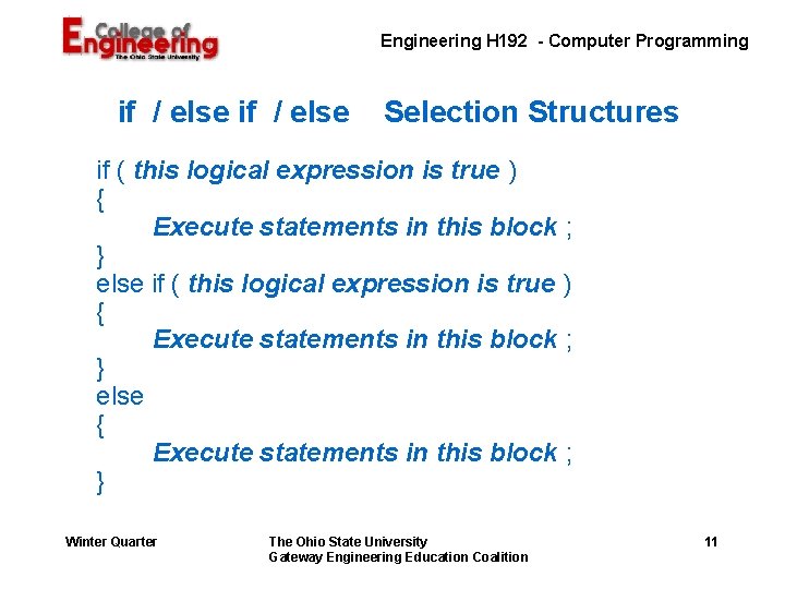 Engineering H 192 Computer Programming Control Statements Lecture