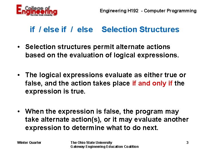 Engineering H 192 Computer Programming Control Statements Lecture