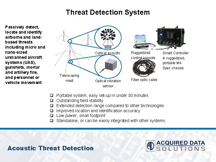 Threat Detection System Passively detect, locate and identify airborne and landbased threats including micro