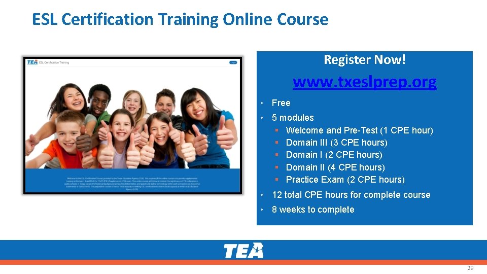 ESL Certification Training Online Course Register Now! www. txeslprep. org • Free • 5