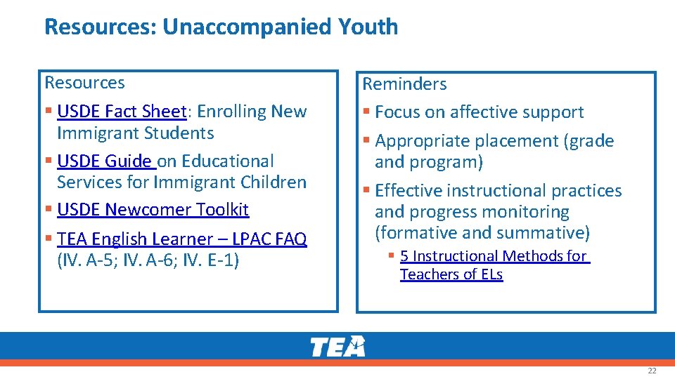 Resources: Unaccompanied Youth Resources USDE Fact Sheet: Enrolling New Immigrant Students USDE Guide on