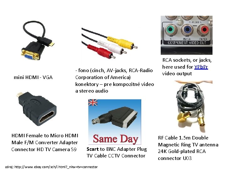 mini HDMI - VGA - fono (cinch, AV-jacks, RCA-Radio Corporation of America) konektory –