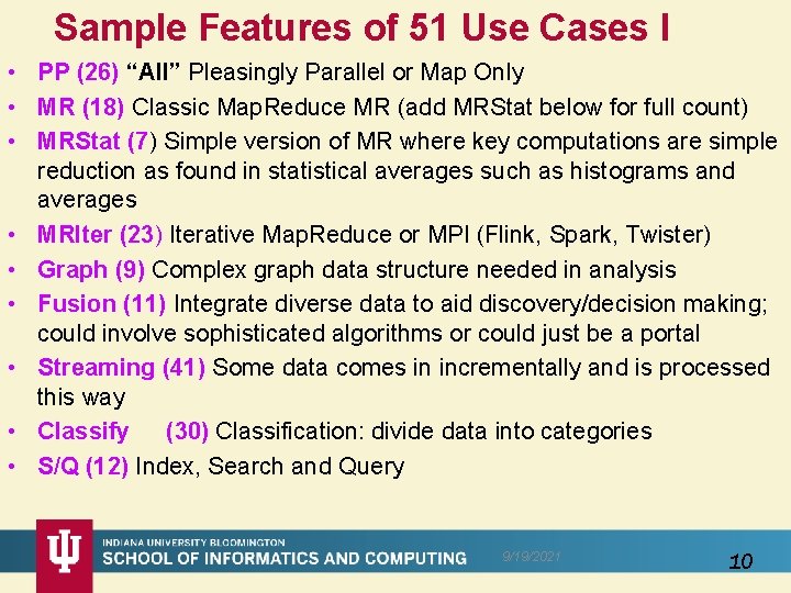 Sample Features of 51 Use Cases I • PP (26) “All” Pleasingly Parallel or