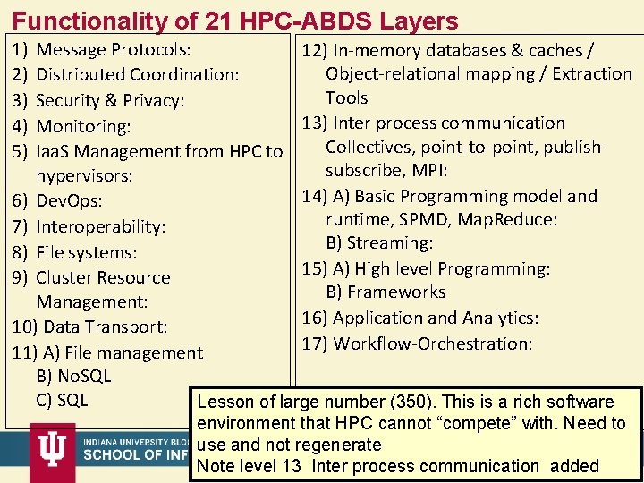 Functionality of 21 HPC-ABDS Layers 1) 2) 3) 4) 5) Message Protocols: 12) In-memory