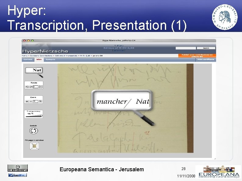 Hyper: Transcription, Presentation (1) Europeana Semantica - Jerusalem 28 11/11/2008 