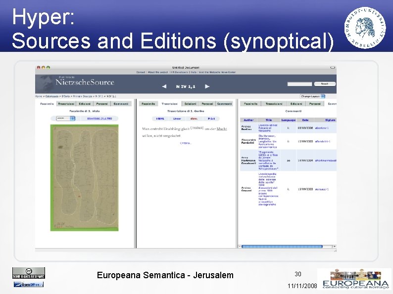 Hyper: Sources and Editions (synoptical) Europeana Semantica - Jerusalem 30 11/11/2008 