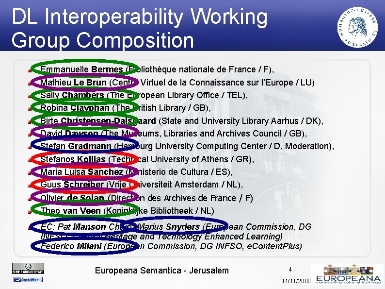 DL Interoperability Working Group Composition Emmanuelle Bermes (Bibliothèque nationale de France / F), Mathieu