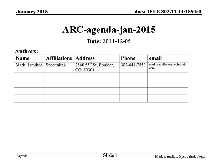 January 2015 doc. : IEEE 802. 11 -14/1584 r 0 ARC-agenda-jan-2015 Date: 2014 -12