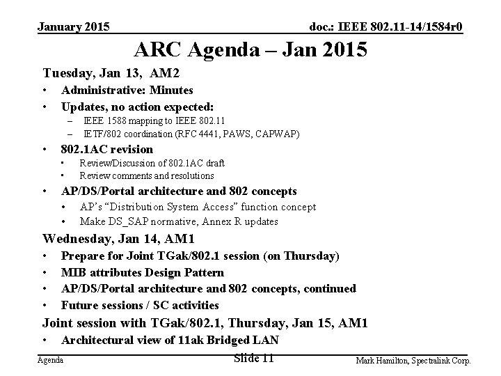 January 2015 doc. : IEEE 802. 11 -14/1584 r 0 ARC Agenda – Jan