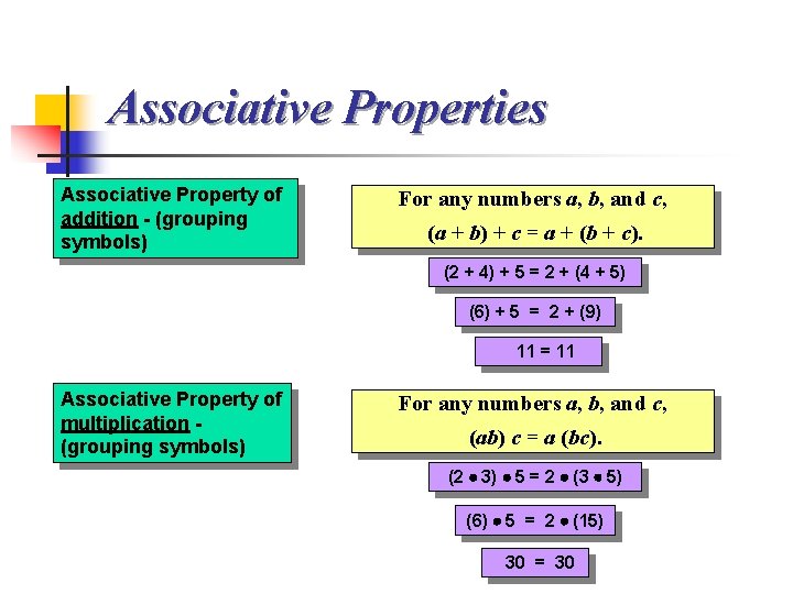 Associative Properties Associative Property of addition - (grouping symbols) For any numbers a, b,