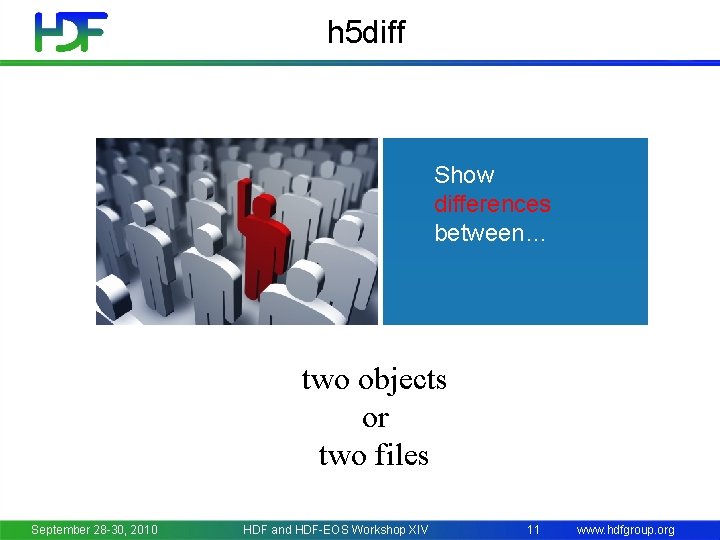 h 5 diff Show differences between… two objects or two files September 28 -30,