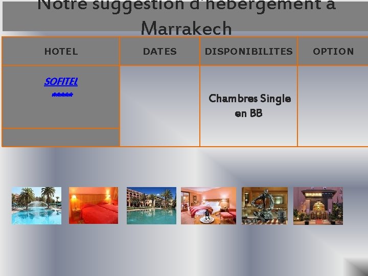 Notre suggestion d’hébergement à Marrakech HOTEL SOFITEL ***** DATES DISPONIBILITES Chambres Single en BB