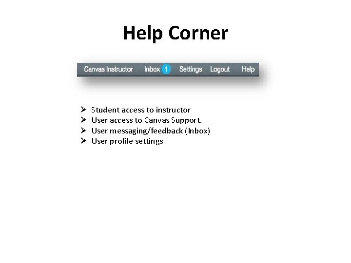 Help Corner Ø Ø Student access to instructor User access to Canvas Support. User