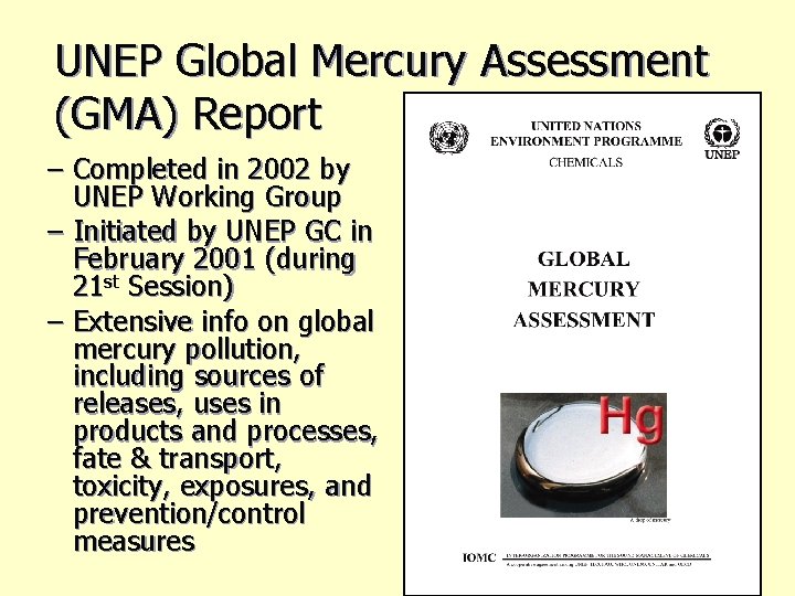 UNEP Global Mercury Assessment (GMA) Report – Completed in 2002 by UNEP Working Group