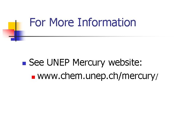 For More Information n See UNEP Mercury website: n www. chem. unep. ch/mercury/ 