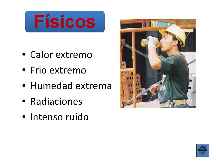 Físicos • • • Calor extremo Frio extremo Humedad extrema Radiaciones Intenso ruido 