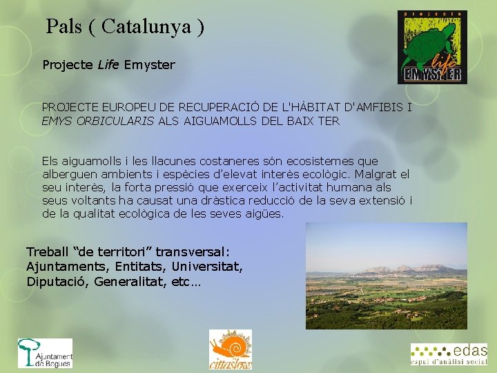 Pals ( Catalunya ) Projecte Life Emyster PROJECTE EUROPEU DE RECUPERACIÓ DE L'HÀBITAT D'AMFIBIS